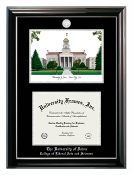 University of Iowa College of Liberal Arts and Sciences Double Opening with Campus Image (Stacked) Frame in Classic Ebony with Silver Trim with Black & Silver Mats for document: 8 1/2"h x 11"w  