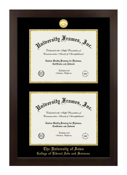 University of Iowa College of Liberal Arts and Sciences Double Diploma Frame in Manhattan Espresso with Black & Gold Mats for document: 8 1/2"h x 11"w  , document: 8 1/2"h x 11"w  