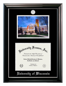 University of Wisconsin (Madison) Double Opening with Campus Image (Stacked) Frame in Classic Ebony with Silver Trim with Black & Silver Mats for document: 8 1/2"h x 11"w  