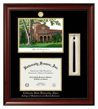California State University, Chico College of Behavioral and Social Sciences Double Opening with Campus Image & Tassel Box (Stacked) Frame in Avalon Mahogany with Black & Gold Mats for document: 8 1/2"h x 11"w  