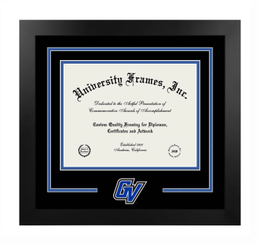 Grand Valley State University College of Education Logo Mat Frame in Manhattan Black with Black & Royal Blue Mats for document: 8 1/2"h x 11"w  