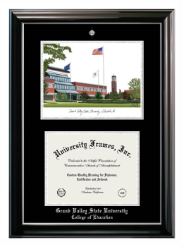 Grand Valley State University College of Education Double Opening with Campus Image (Stacked) Frame in Classic Ebony with Silver Trim with Black & Silver Mats for document: 8 1/2"h x 11"w  