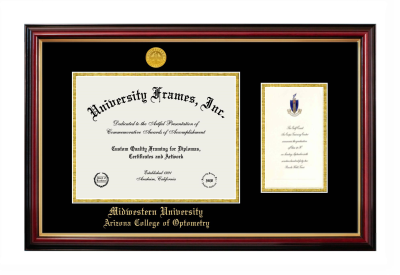 Midwestern University Arizona College of Optometry (Glendale, AZ) Diploma with Announcement Frame in Petite Mahogany with Gold Trim with Black & Gold Mats for document: 8 1/2"h x 11"w  , diploma: 7"h x 4"w  
