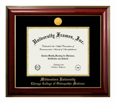 Midwestern University Chicago College of Osteopathic Medicine (Downers Grove, IL) Diploma Frame in Classic Mahogany with Gold Trim with Black & Gold Mats for document: 8 1/2"h x 11"w  