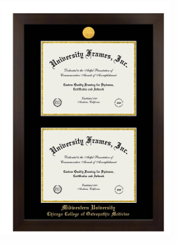 Midwestern University Chicago College of Osteopathic Medicine (Downers Grove, IL) Double Diploma Frame in Manhattan Espresso with Black & Gold Mats for document: 8 1/2"h x 11"w  , document: 8 1/2"h x 11"w  