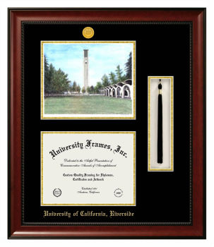 University of California Riverside Double Opening with Campus Image & Tassel Box (Stacked) Frame in Avalon Mahogany with Black & Gold Mats for document: 8 1/2"h x 11"w  
