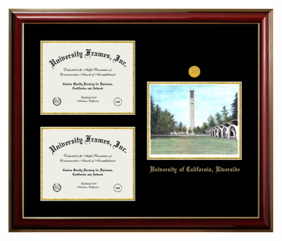 University of California Riverside Triple Opening with Campus Image Frame in Classic Mahogany with Gold Trim with Black & Gold Mats for document: 8 1/2"h x 11"w  , document: 8 1/2"h x 11"w  