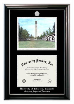 University of California Riverside Graduate School of Education Double Opening with Campus Image (Stacked) Frame in Classic Ebony with Silver Trim with Black & Silver Mats for document: 8 1/2"h x 11"w  