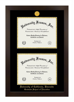 University of California Riverside Graduate School of Education Double Diploma Frame in Manhattan Espresso with Black & Gold Mats for document: 8 1/2"h x 11"w  , document: 8 1/2"h x 11"w  