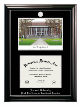 Harvard University Derek Bok Center for Teaching & Learning Double Opening with Campus Image (Stacked) Frame in Classic Ebony with Silver Trim with Black & Silver Mats for document: 8 1/2"h x 11"w  