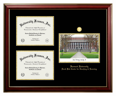 Harvard University Derek Bok Center for Teaching & Learning Triple Opening with Campus Image Frame in Classic Mahogany with Gold Trim with Black & Gold Mats for document: 8 1/2"h x 11"w  , document: 8 1/2"h x 11"w  