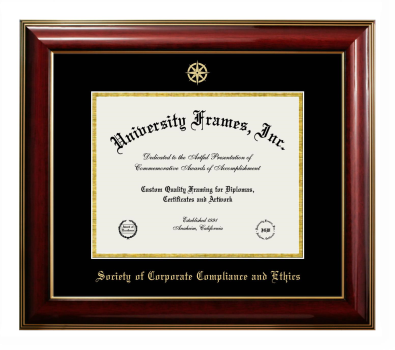 Society of Corporate Compliance and Ethics Diploma Frame in Classic Mahogany with Gold Trim with Black & Gold Mats for document: 8 1/2"h x 11"w  