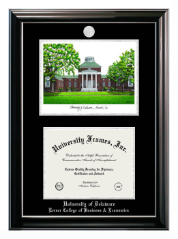 University of Delaware Lerner College of Business & Economics Double Opening with Campus Image (Stacked) Frame in Classic Ebony with Silver Trim with Black & Silver Mats for document: 8 1/2"h x 11"w  