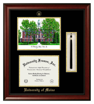 University of Maine (at Orono) Double Opening with Campus Image & Tassel Box (Stacked) Frame in Avalon Mahogany with Black & Gold Mats for document: 8 1/2"h x 11"w  