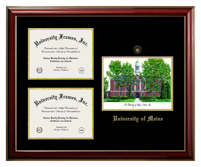 University of Maine (at Orono) Triple Opening with Campus Image Frame in Classic Mahogany with Gold Trim with Black & Gold Mats for document: 8 1/2"h x 11"w  , document: 8 1/2"h x 11"w  
