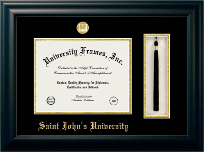 Saint John's University (Minnesota) Diploma with Tassel Box Frame in Satin Black with Black & Gold Mats for document: 8 1/2"h x 11"w  