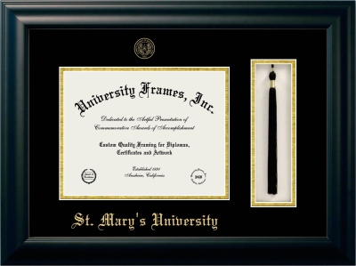 St. Mary’s University (San Antonio, TX) Diploma with Tassel Box Frame in Satin Black with Black & Gold Mats for document: 8 1/2"h x 11"w  
