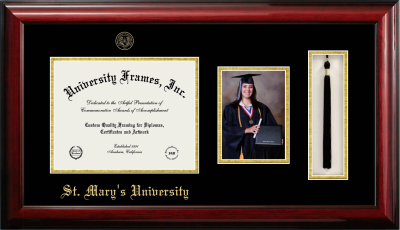 St. Mary’s University (San Antonio, TX) Diploma with 5 x 7 Portrait & Tassel Box Frame in Classic Mahogany with Black & Gold Mats for document: 8 1/2"h x 11"w  