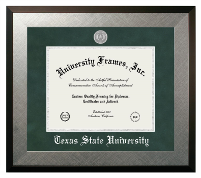 Texas State University Diploma Frame in Honors Silver with Green Suede & Silver Mats for document: 8 1/2"h x 11"w  