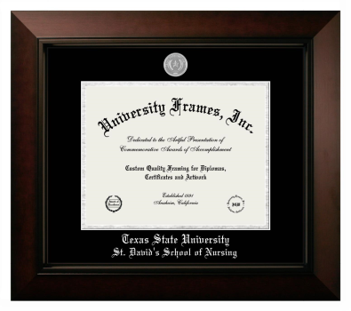 Texas State University St. David's School of Nursing Diploma Frame in Legacy Black Cherry with Black & Silver Mats for document: 8 1/2"h x 11"w  