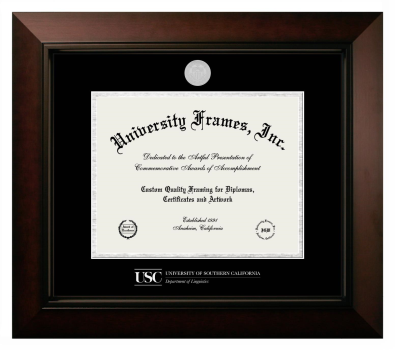 University of Southern California Department of Linguistics Diploma Frame in Legacy Black Cherry with Black & Silver Mats for document: 8 1/2"h x 11"w  