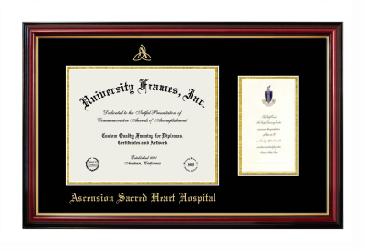 Ascension Sacred Heart Hospital Diploma with Announcement Frame in Petite Mahogany with Gold Trim with Black & Gold Mats for document: 8 1/2"h x 11"w  , diploma: 7"h x 4"w  