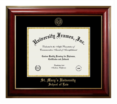 St. Mary’s University (San Antonio, TX) School of Law Diploma Frame in Classic Mahogany with Gold Trim with Black & Gold Mats for document: 8 1/2"h x 11"w  