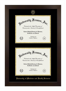 University of Medicine and Health Sciences Double Diploma Frame in Manhattan Espresso with Black & Gold Mats for document: 8 1/2"h x 11"w  , document: 8 1/2"h x 11"w  