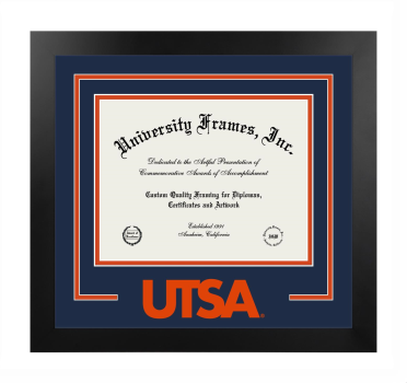 University of Texas at San Antonio Logo Mat Frame in Manhattan Black with Navy Blue & Orange Mats for document: 8 1/2"h x 11"w  