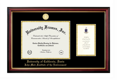 University of California Davis John Muir Institute of the Environment Diploma with Announcement Frame in Petite Mahogany with Gold Trim with Black & Gold Mats for document: 8 1/2"h x 11"w  , diploma: 7"h x 4"w  