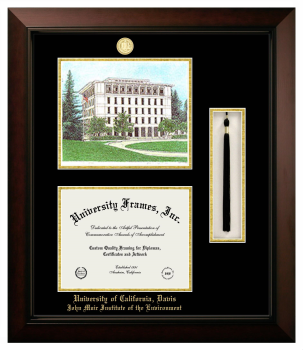 University of California Davis John Muir Institute of the Environment Double Opening with Campus Image & Tassel Box (Stacked) Frame in Legacy Black Cherry with Black & Gold Mats for document: 8 1/2"h x 11"w  