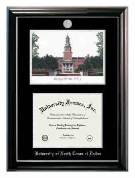 University of North Texas at Dallas Double Opening with Campus Image (Stacked) Frame in Classic Ebony with Silver Trim with Black & Silver Mats for document: 8 1/2"h x 11"w  