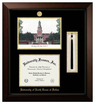 University of North Texas at Dallas Double Opening with Campus Image & Tassel Box (Stacked) Frame in Legacy Black Cherry with Black & Gold Mats for document: 8 1/2"h x 11"w  