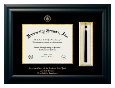 Supreme Court of the State of New York Appellate Division Third Judicial Department Diploma with Tassel Box Frame in Satin Black with Black & Gold Mats for document: 8 1/2"h x 11"w  