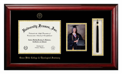 Grace Bible College & Theological Seminary Diploma with 5 x 7 Portrait & Tassel Box Frame in Classic Mahogany with Black & Gold Mats for document: 8 1/2"h x 11"w  