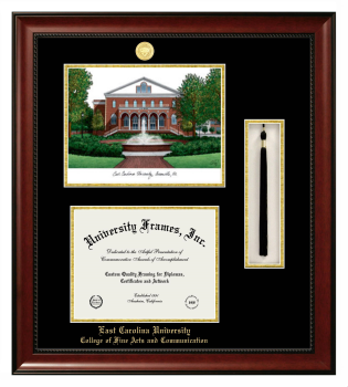 East Carolina University College of Fine Arts and Communication Double Opening with Campus Image & Tassel Box (Stacked) Frame in Avalon Mahogany with Black & Gold Mats for document: 8 1/2"h x 11"w  