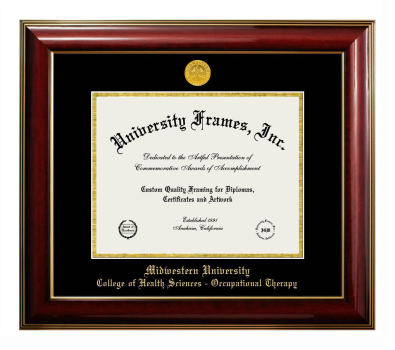 Midwestern University College of Health Sciences - Occupational Therapy (Downers Grove, IL) Diploma Frame in Classic Mahogany with Gold Trim with Black & Gold Mats for document: 8 1/2"h x 11"w  