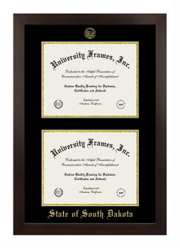State of South Dakota Double Diploma Frame in Manhattan Espresso with Black & Gold Mats for document: 8 1/2"h x 11"w  , document: 8 1/2"h x 11"w  