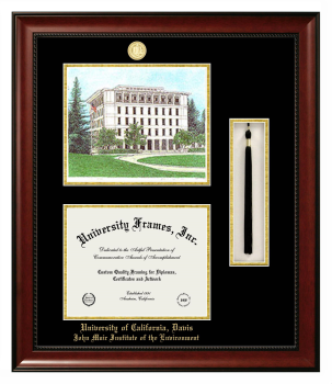 University of California Davis John Muir Institute of the Environment Double Opening with Campus Image & Tassel Box (Stacked) Frame in Avalon Mahogany with Black & Gold Mats for document: 8 1/2"h x 11"w  