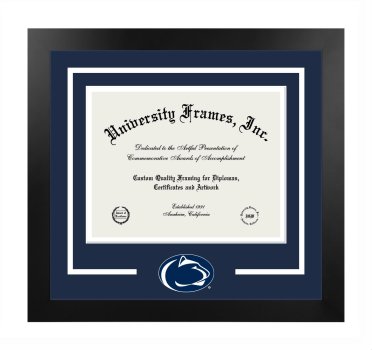 Pennsylvania State University College of Agricultural Sciences Logo Mat Frame in Manhattan Black with Navy Blue & White Mats for document: 8 1/2"h x 11"w  