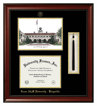 Texas A&M University - Kingsville Double Opening with Campus Image & Tassel Box (Stacked) Frame in Avalon Mahogany with Black & Gold Mats for document: 8 1/2"h x 11"w  