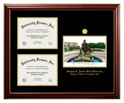 Stephen F. Austin State University College of Liberal & Applied Arts Triple Opening with Campus Image Frame in Classic Mahogany with Gold Trim with Black & Gold Mats for document: 8 1/2"h x 11"w  , document: 8 1/2"h x 11"w  