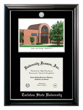 Tarleton State University Double Opening with Campus Image (Stacked) Frame in Classic Ebony with Silver Trim with Black & Silver Mats for document: 8 1/2"h x 11"w  