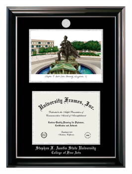 Stephen F. Austin State University College of Fine Arts Double Opening with Campus Image (Stacked) Frame in Classic Ebony with Silver Trim with Black & Silver Mats for document: 8 1/2"h x 11"w  