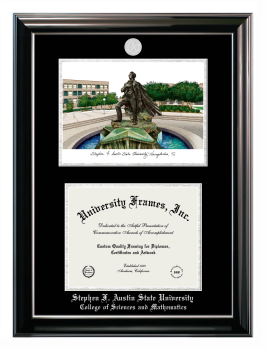 Stephen F. Austin State University College of Sciences and Mathematics Double Opening with Campus Image (Stacked) Frame in Classic Ebony with Silver Trim with Black & Silver Mats for document: 8 1/2"h x 11"w  
