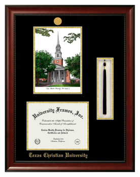 Texas Christian University Double Opening with Campus Image & Tassel Box (Stacked) Frame in Avalon Mahogany with Black & Gold Mats for document: 8 1/2"h x 11"w  