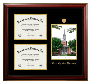 Texas Christian University Triple Opening with Campus Image Frame in Classic Mahogany with Gold Trim with Black & Gold Mats for document: 8 1/2"h x 11"w  , document: 8 1/2"h x 11"w  