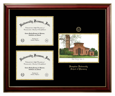 Hampton University School of Pharmacy Triple Opening with Campus Image Frame in Classic Mahogany with Gold Trim with Black & Gold Mats for document: 8 1/2"h x 11"w  , document: 8 1/2"h x 11"w  