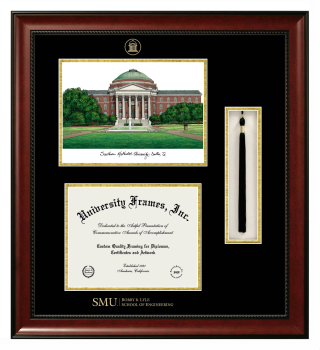 Southern Methodist University Bobby B. Lyle School of Engineering Double Opening with Campus Image & Tassel Box (Stacked) Frame in Avalon Mahogany with Black & Gold Mats for document: 8 1/2"h x 11"w  