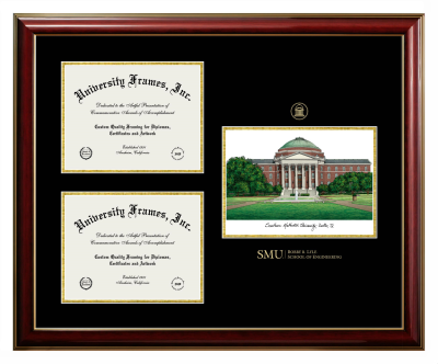 Southern Methodist University Bobby B. Lyle School of Engineering Triple Opening with Campus Image Frame in Classic Mahogany with Gold Trim with Black & Gold Mats for document: 8 1/2"h x 11"w  , document: 8 1/2"h x 11"w  